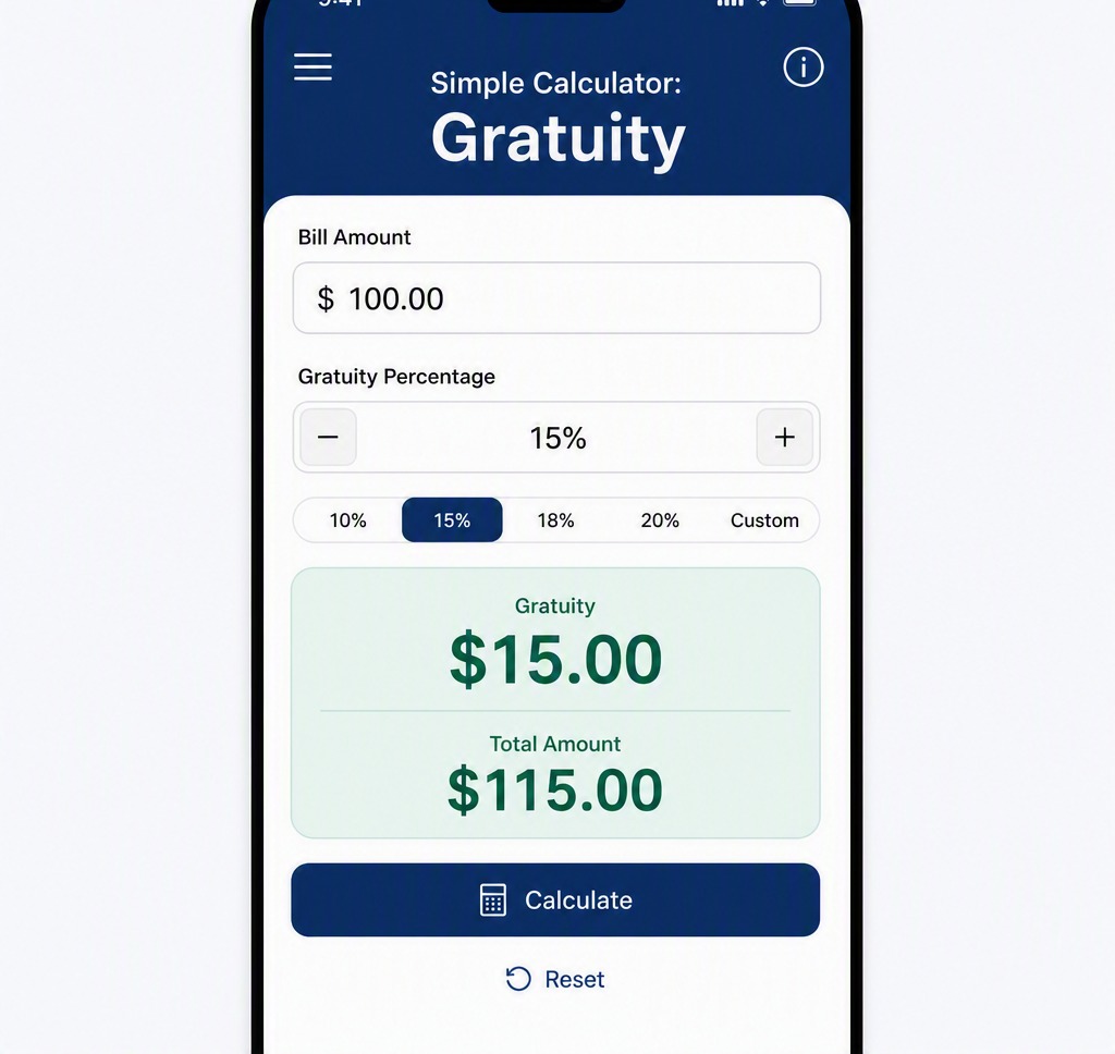 Gratuity Calculator tip calculator screen showing a $100.00 restaurant bill, a 15% gratuity of $15.00 and a $115.00 total