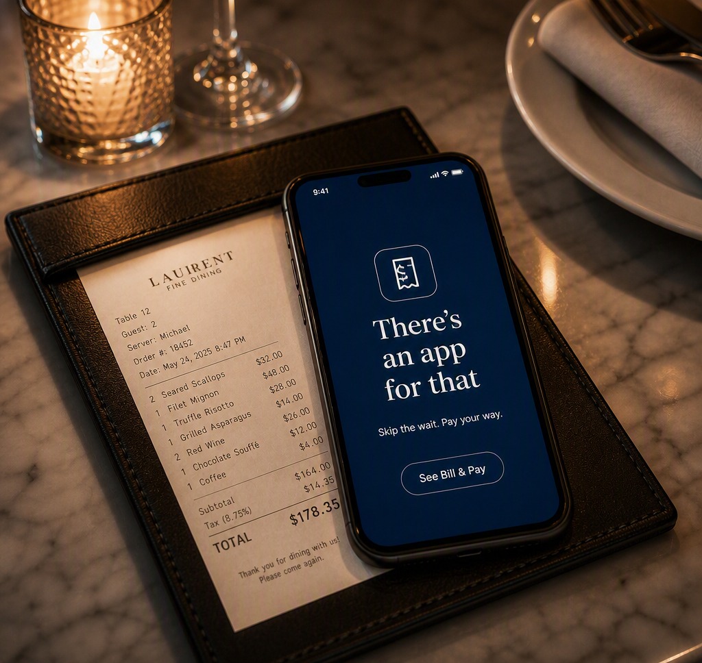 Phone showing the Gratuity Calculator splash screen reading There's an app for that